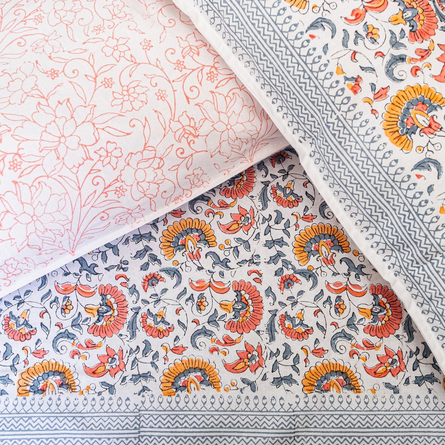 Peach and Grey Floral Block Printed Bedsheet