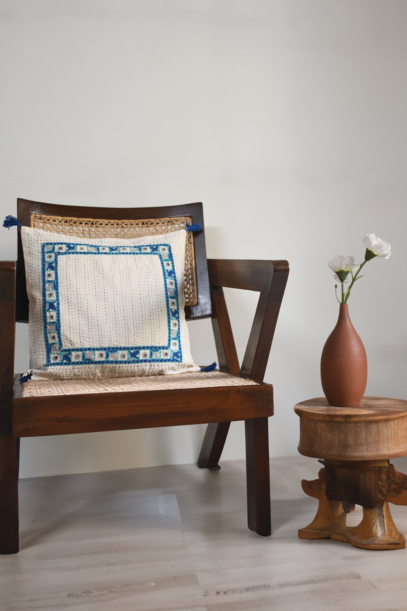 White and Blue Embroidery Cushion Cover