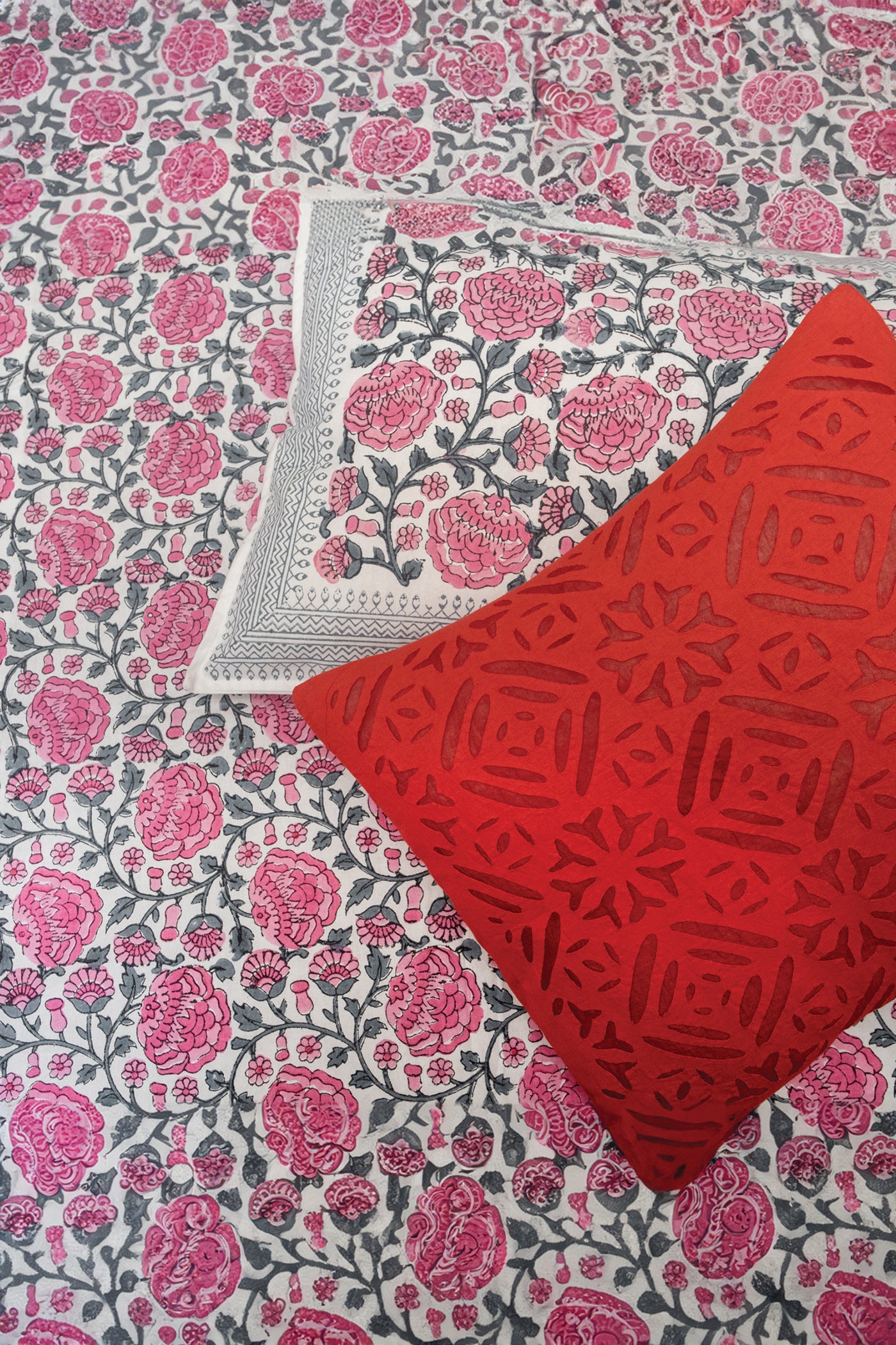 Pink and Grey hand block printed bedsheet