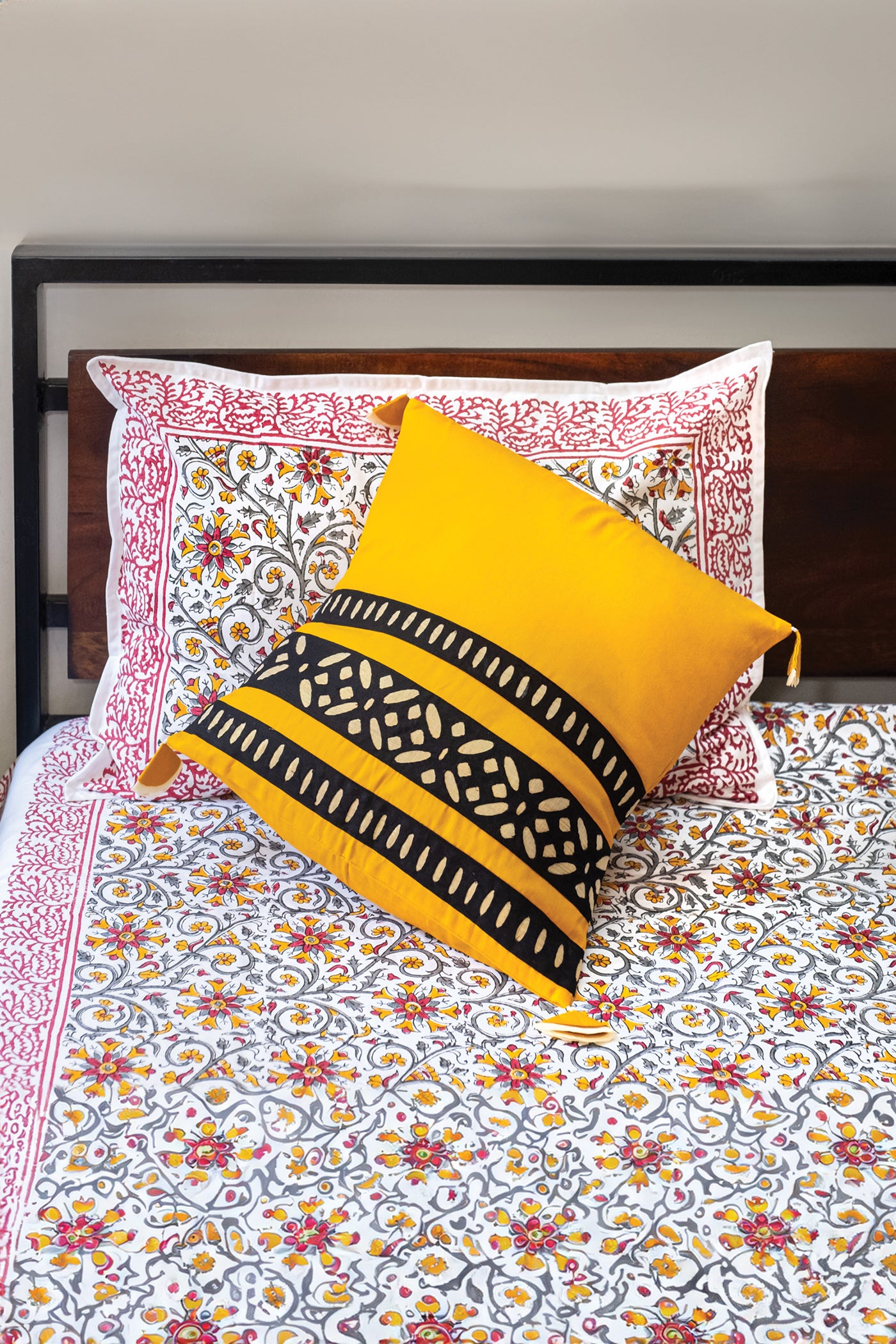 Yellow and Maroon hand block printed bedsheet