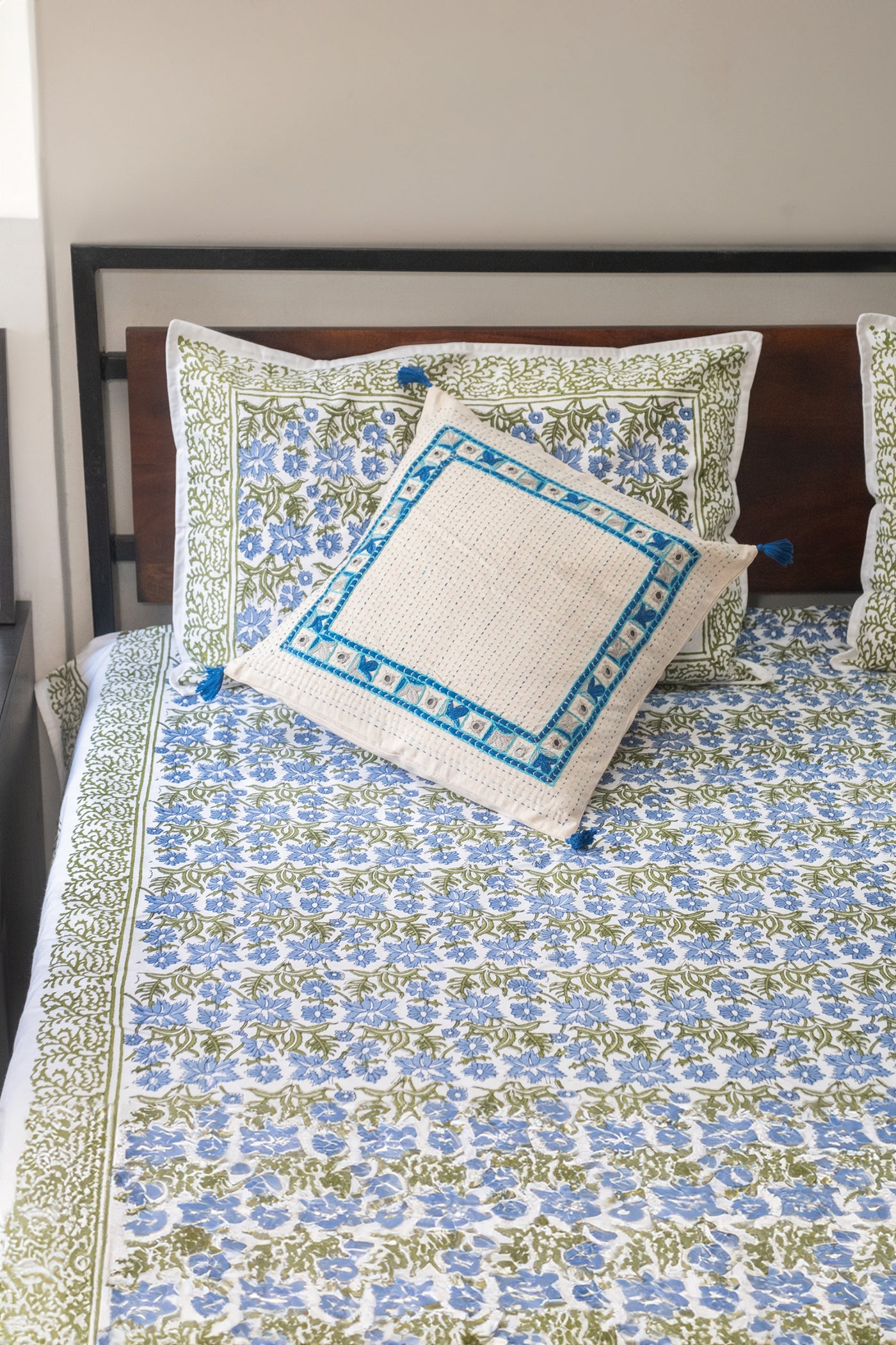 Blue and green hand block printed bedsheet