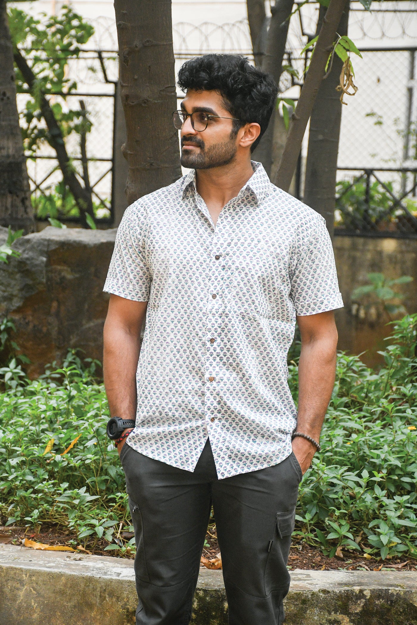 White and Blue Block Printed Shirt