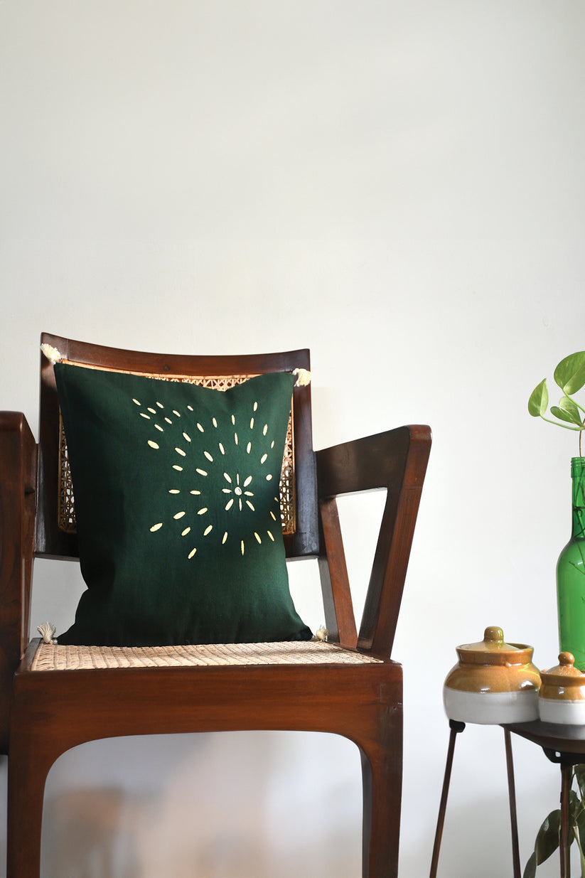 Green Chanderi Silk Applique Cushion Cover