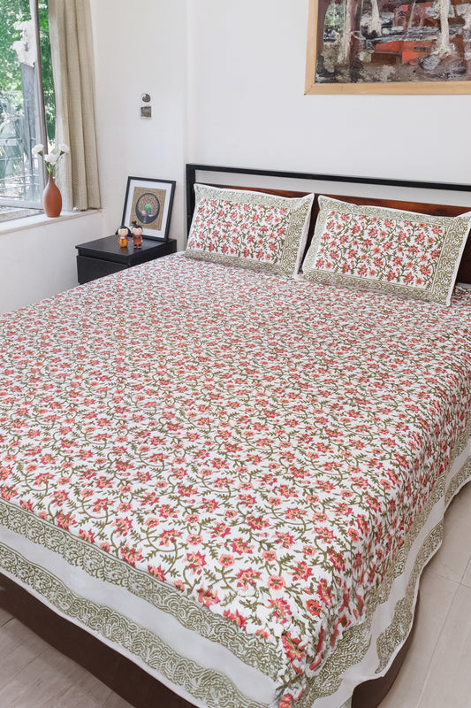 Peach and Red floral hand block printed bedsheet