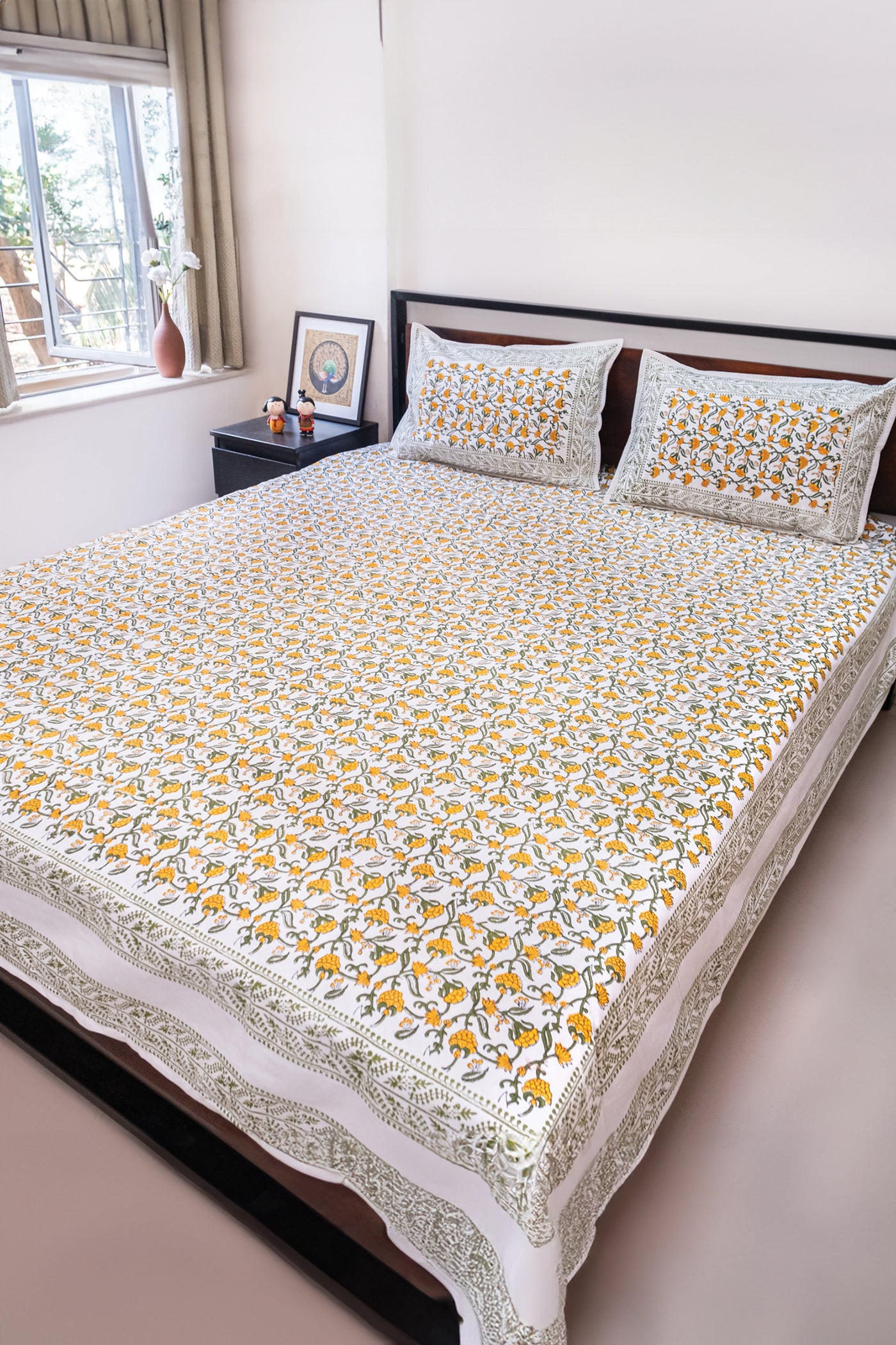 Yellow and Green hand block printed bedsheet