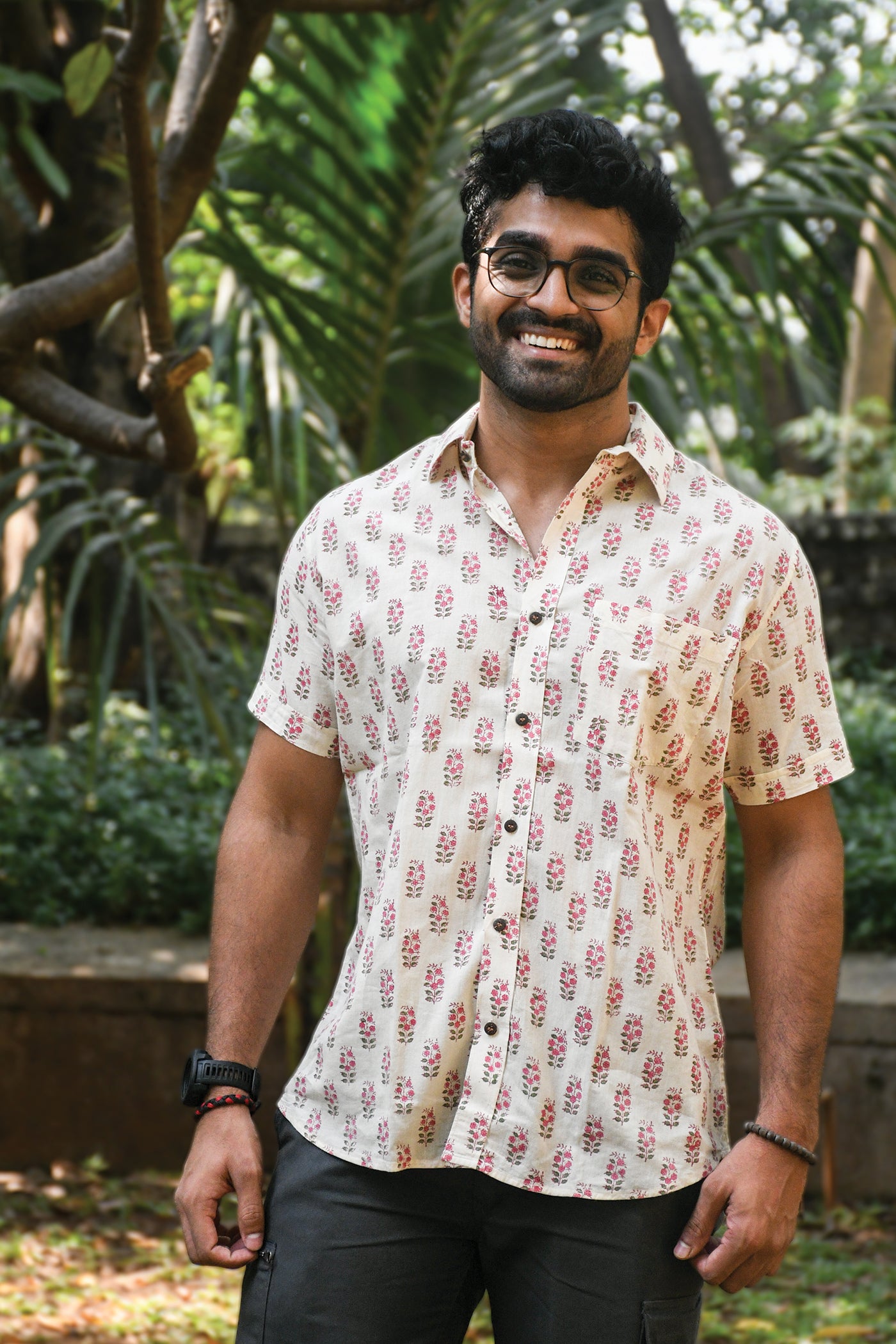 Cream and Pink Block Printed Shirt