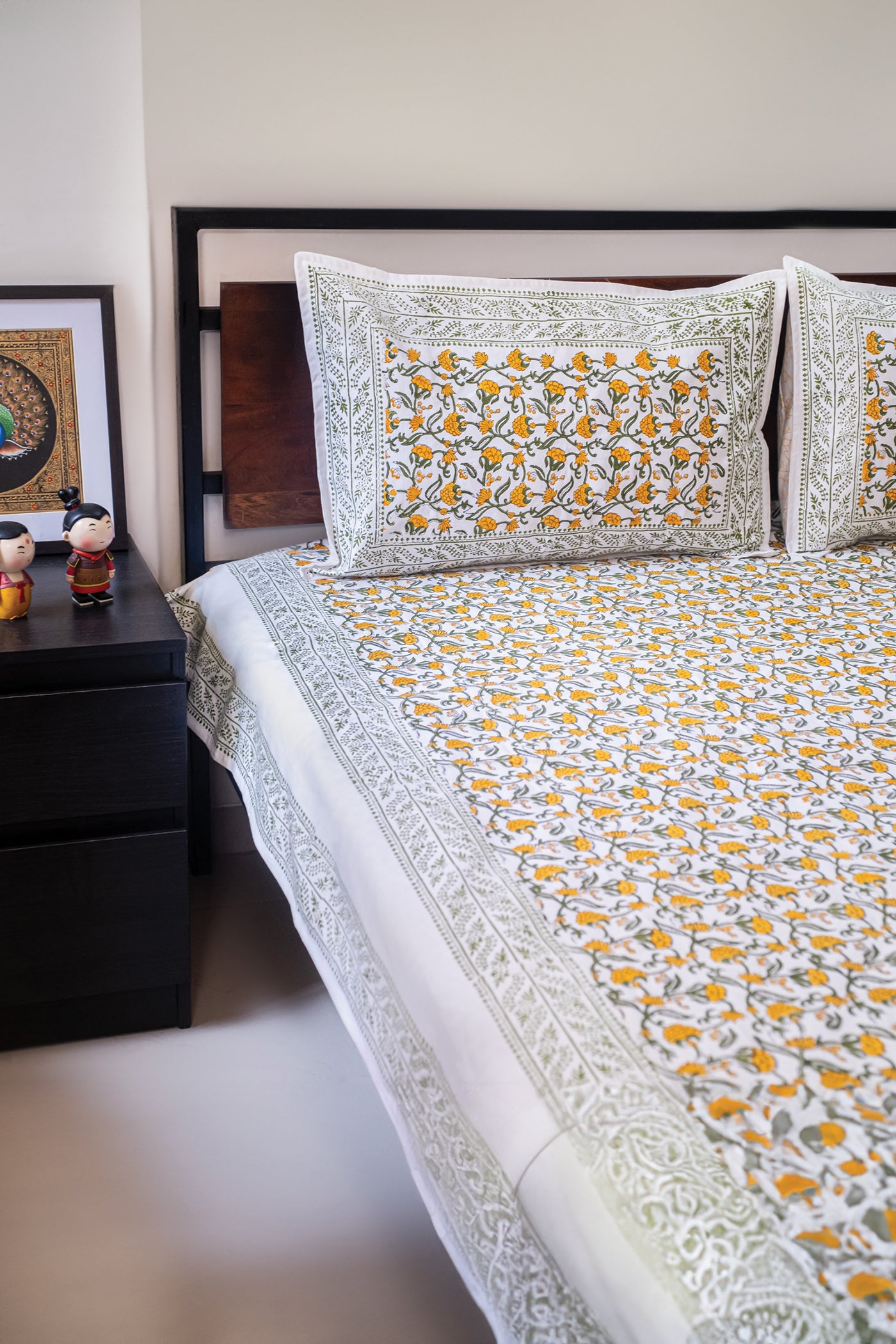 Yellow and Green hand block printed bedsheet