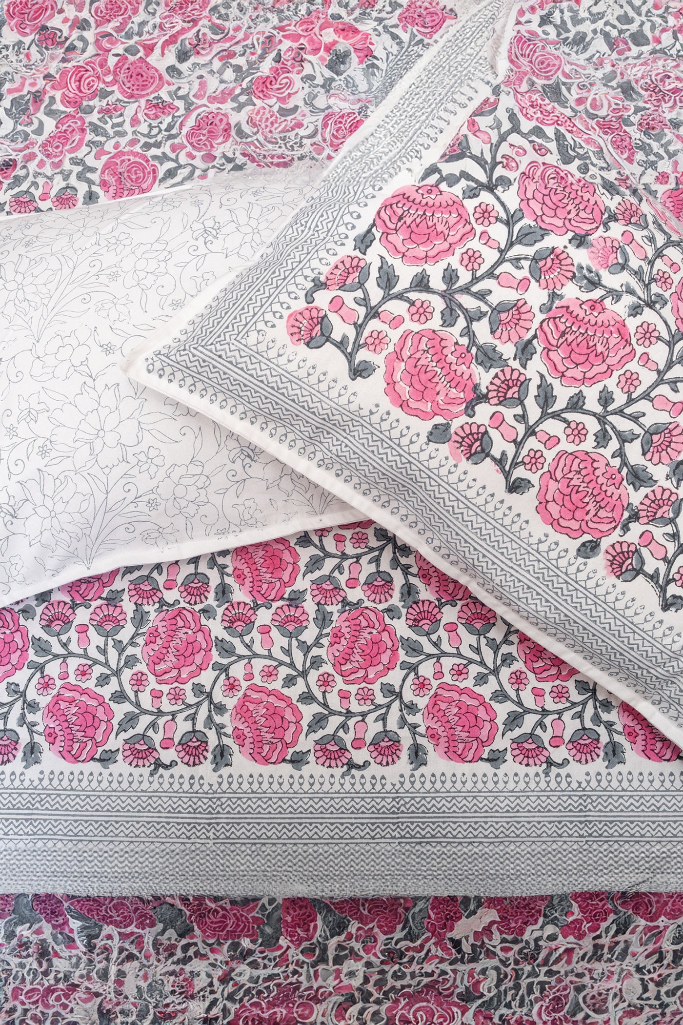 Pink and Grey hand block printed bedsheet