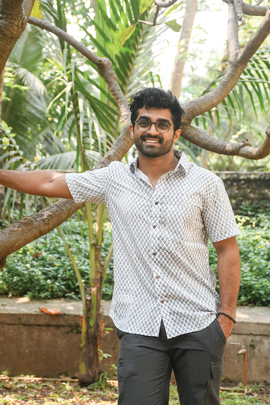 White and Blue Block Printed Shirt