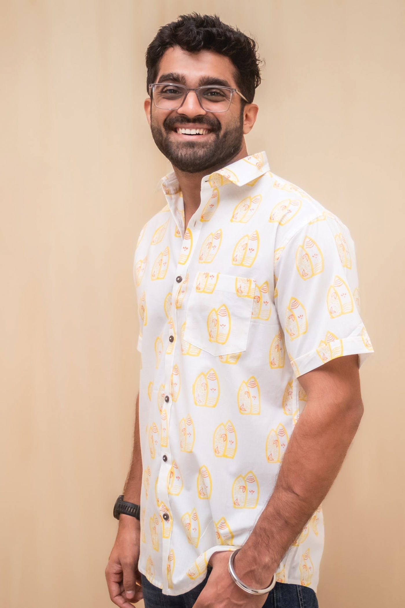 White Surfboard Block Printed Shirt