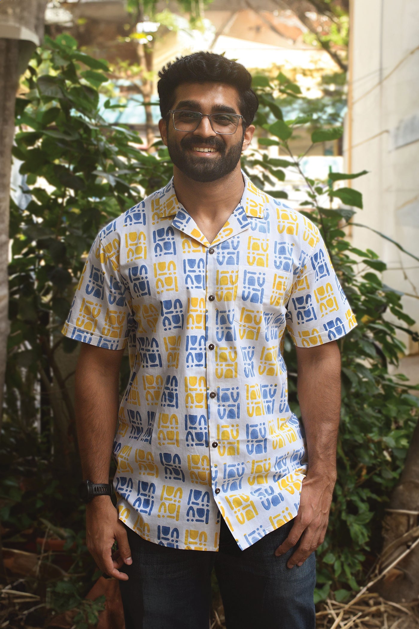 Yellow and Blue Block Printed Shirt