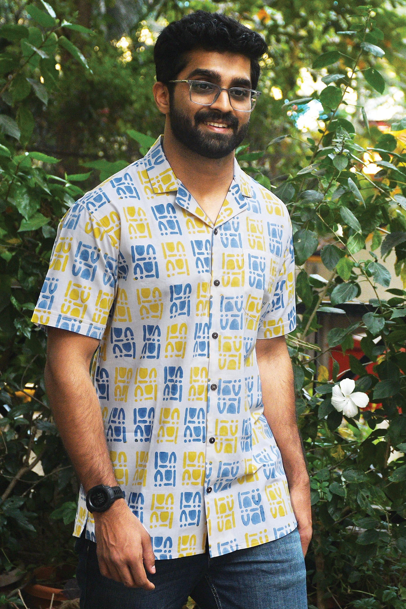 Yellow and Blue Block Printed Shirt