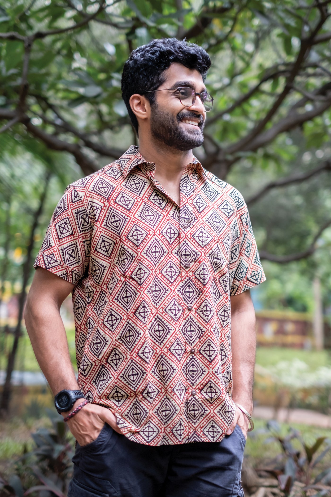 Red and Black Geometric Block Printed Shirt