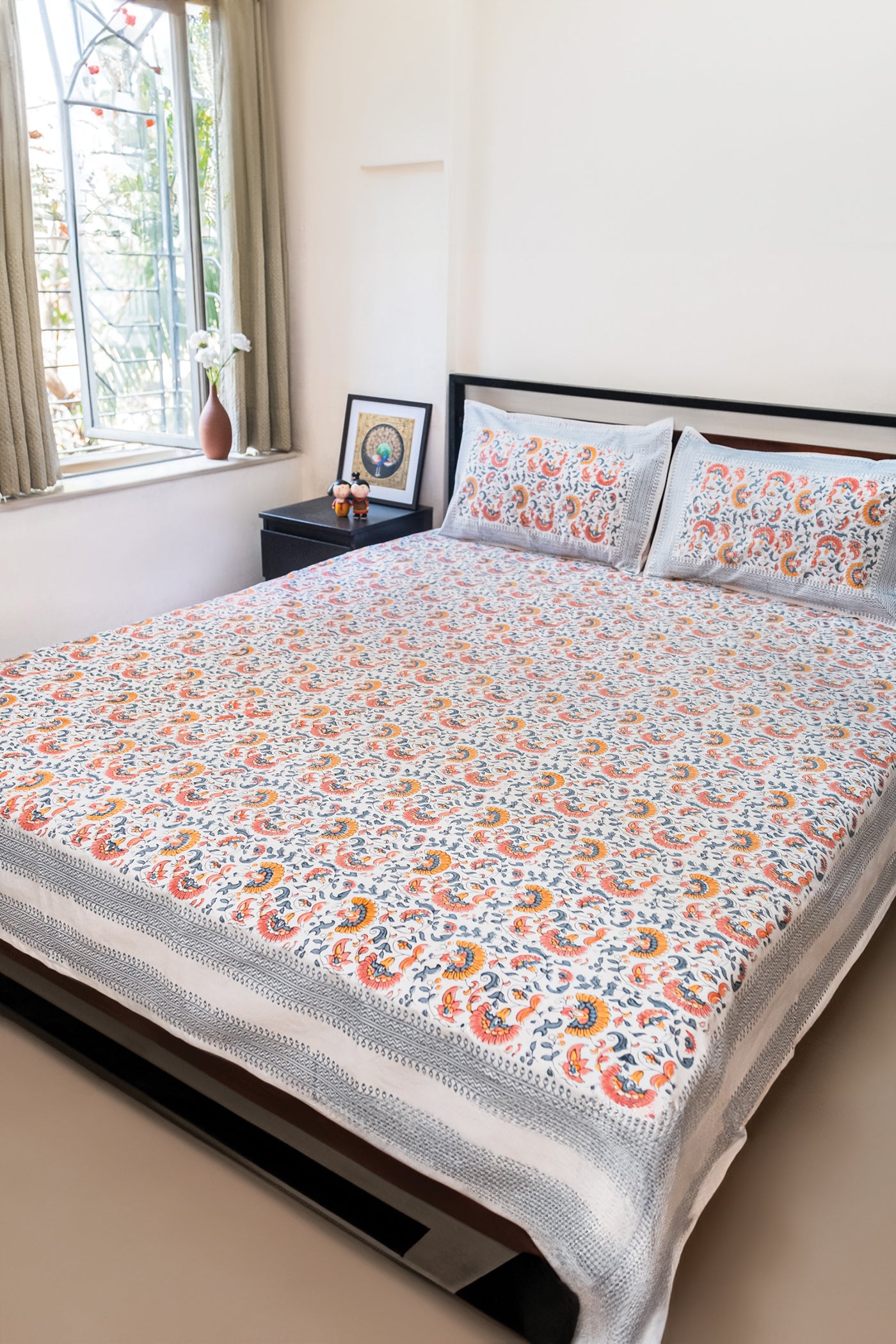 Peach and Grey Floral Block Printed Bedsheet