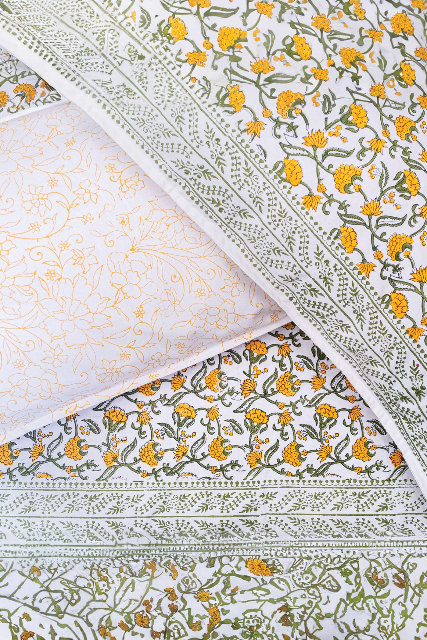 Yellow and Green hand block printed bedsheet