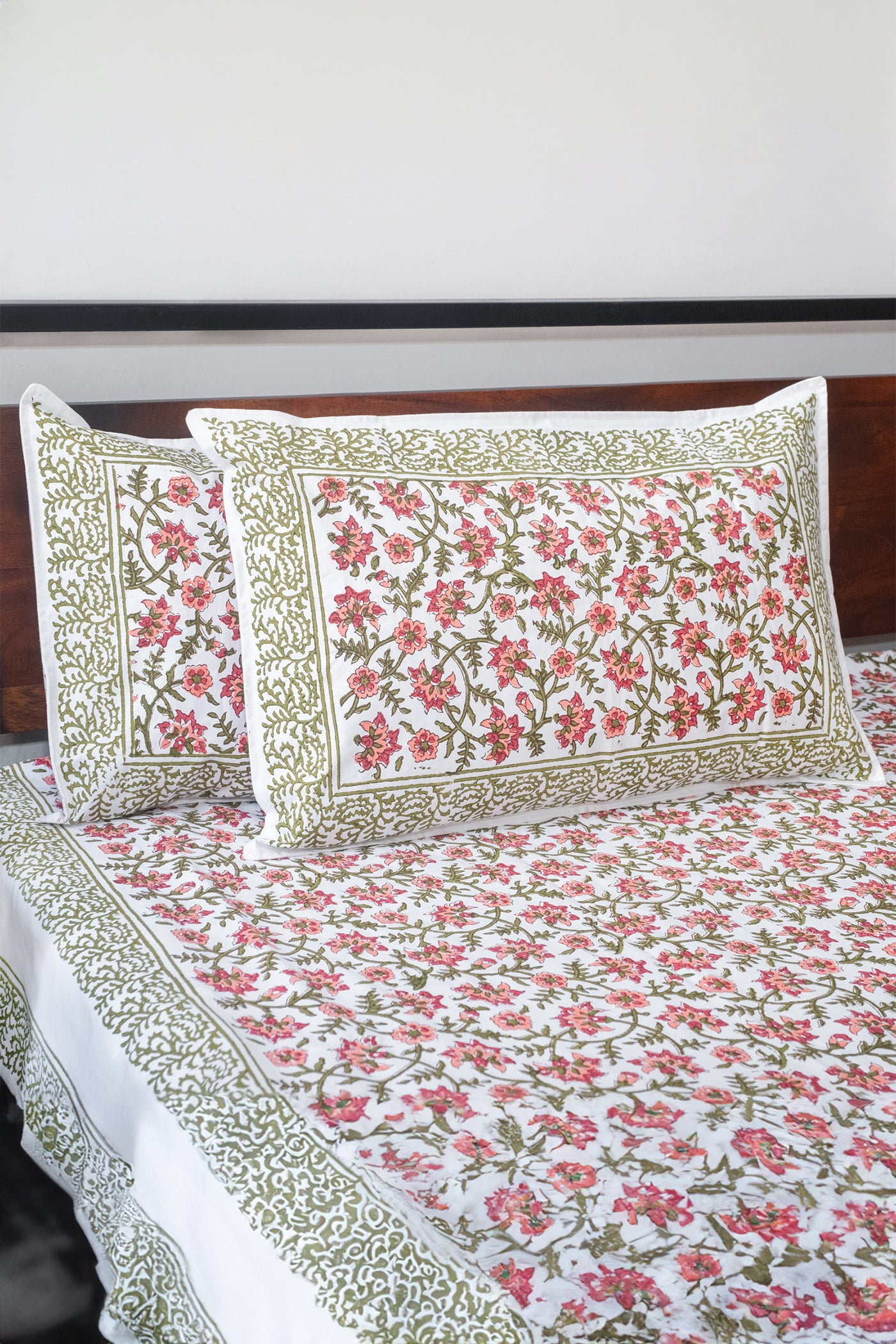 Peach and Red floral hand block printed bedsheet