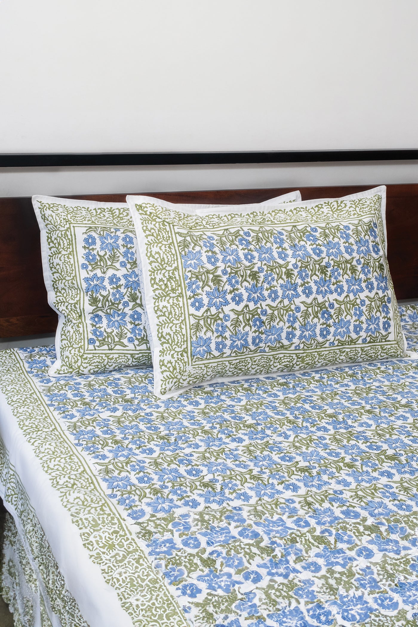 Blue and green hand block printed bedsheet