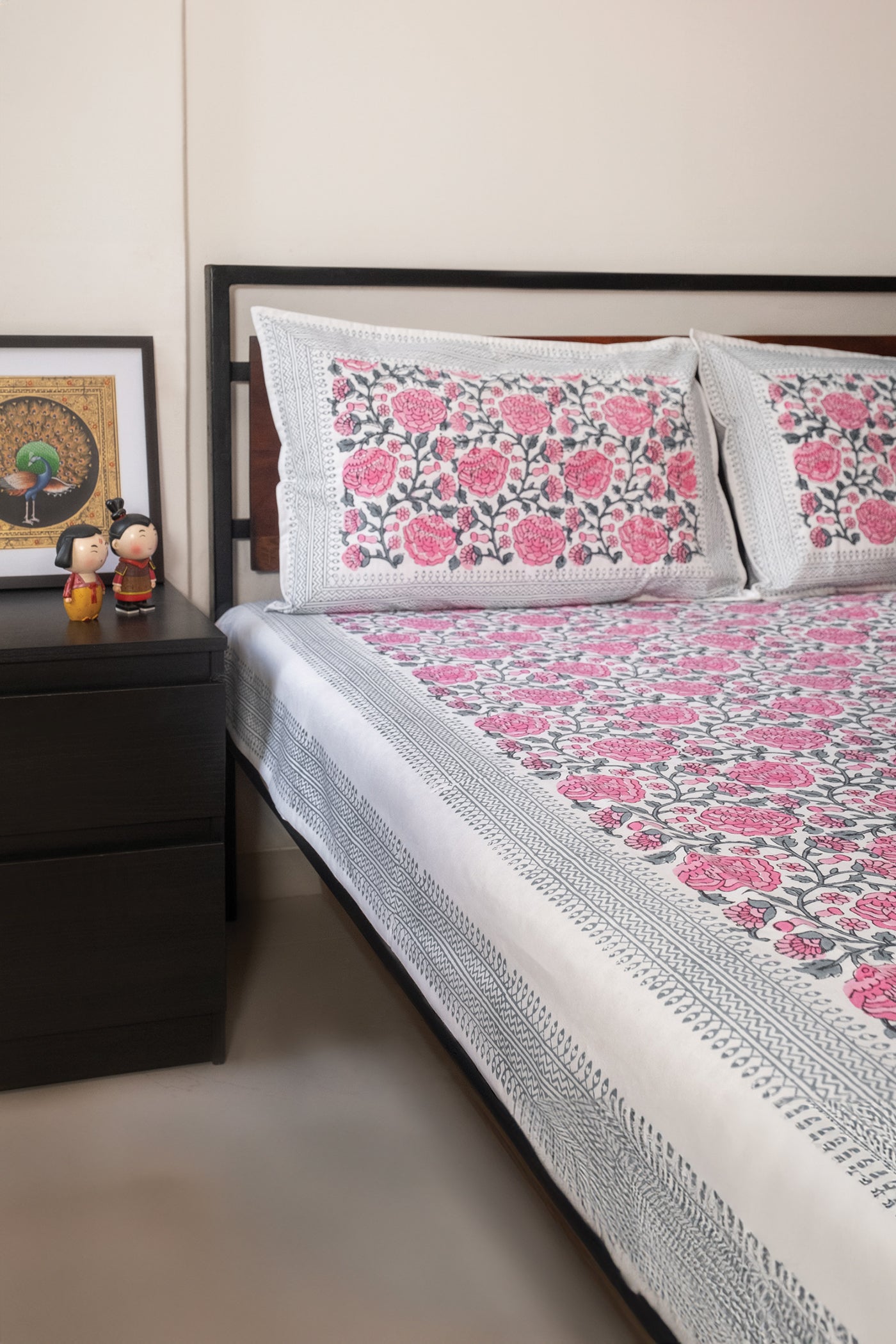 Pink and Grey hand block printed bedsheet