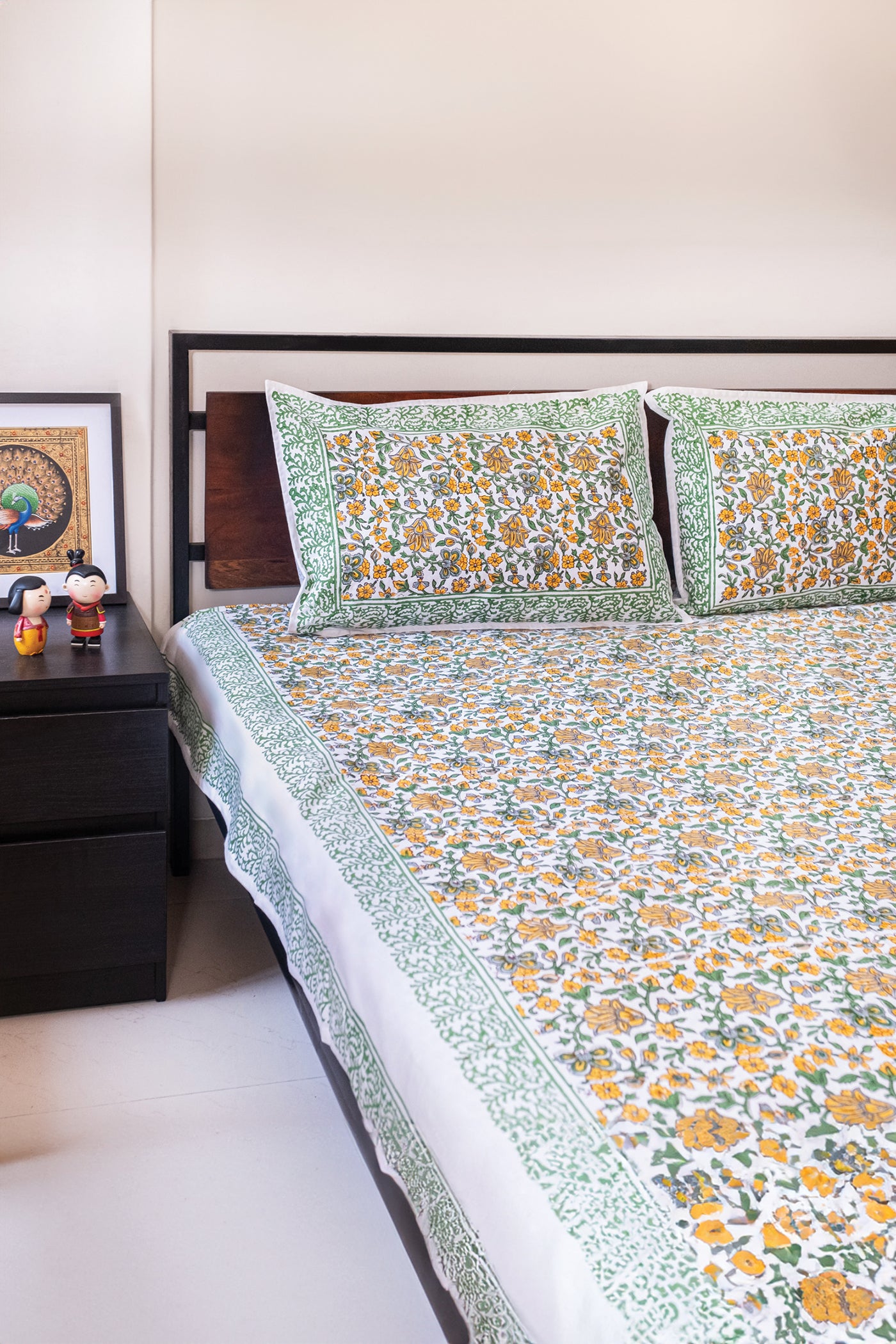 Yellow Floral hand block printed bedsheet