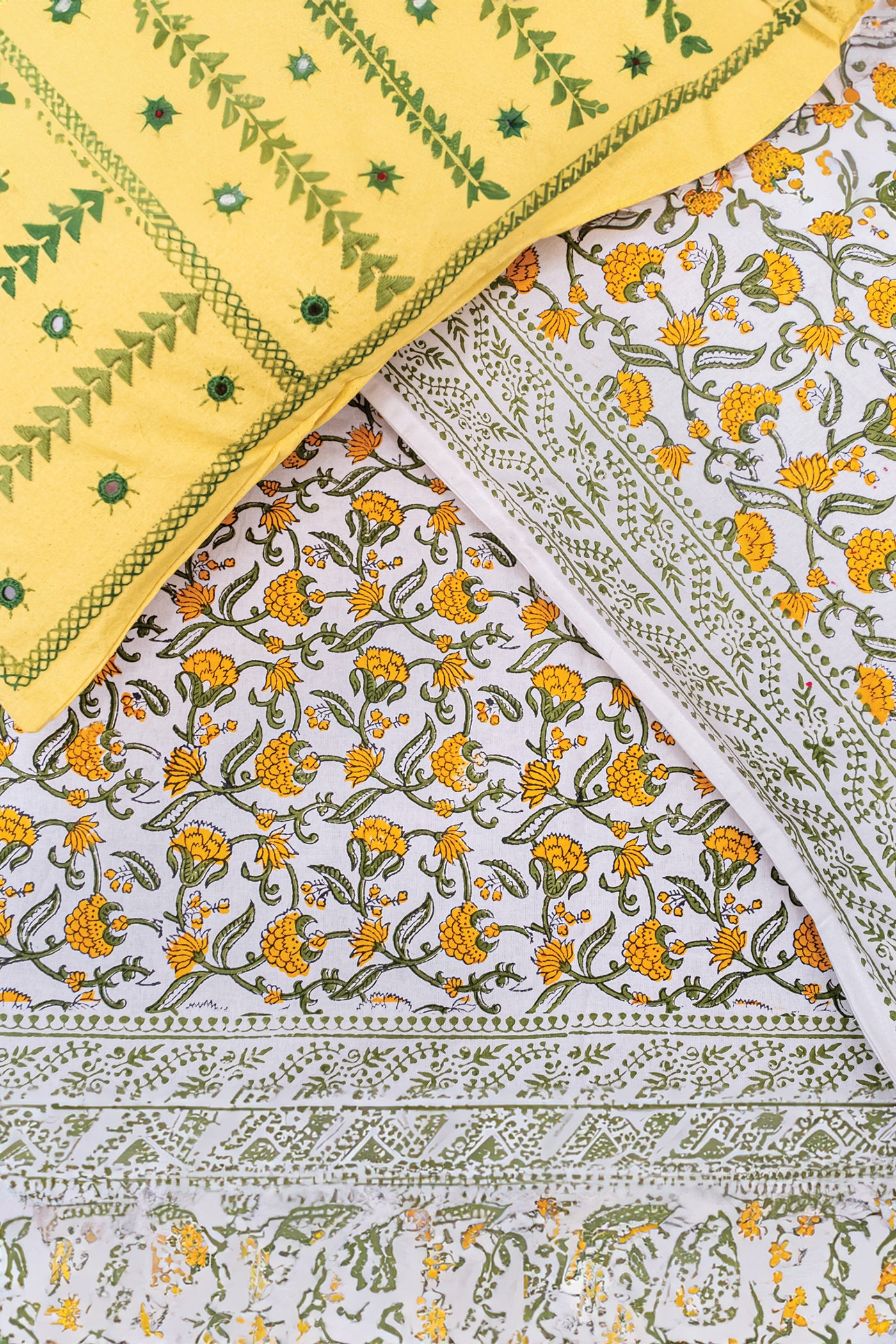 Yellow and Green hand block printed bedsheet