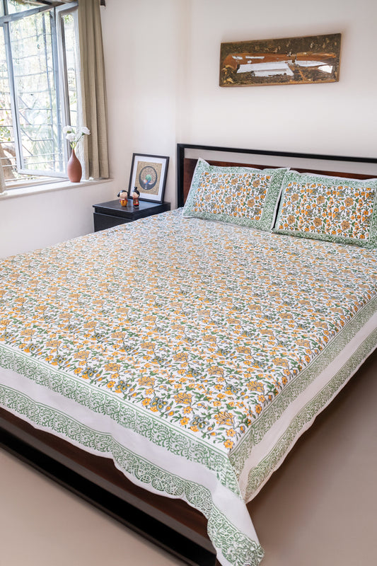 Yellow Floral hand block printed bedsheet