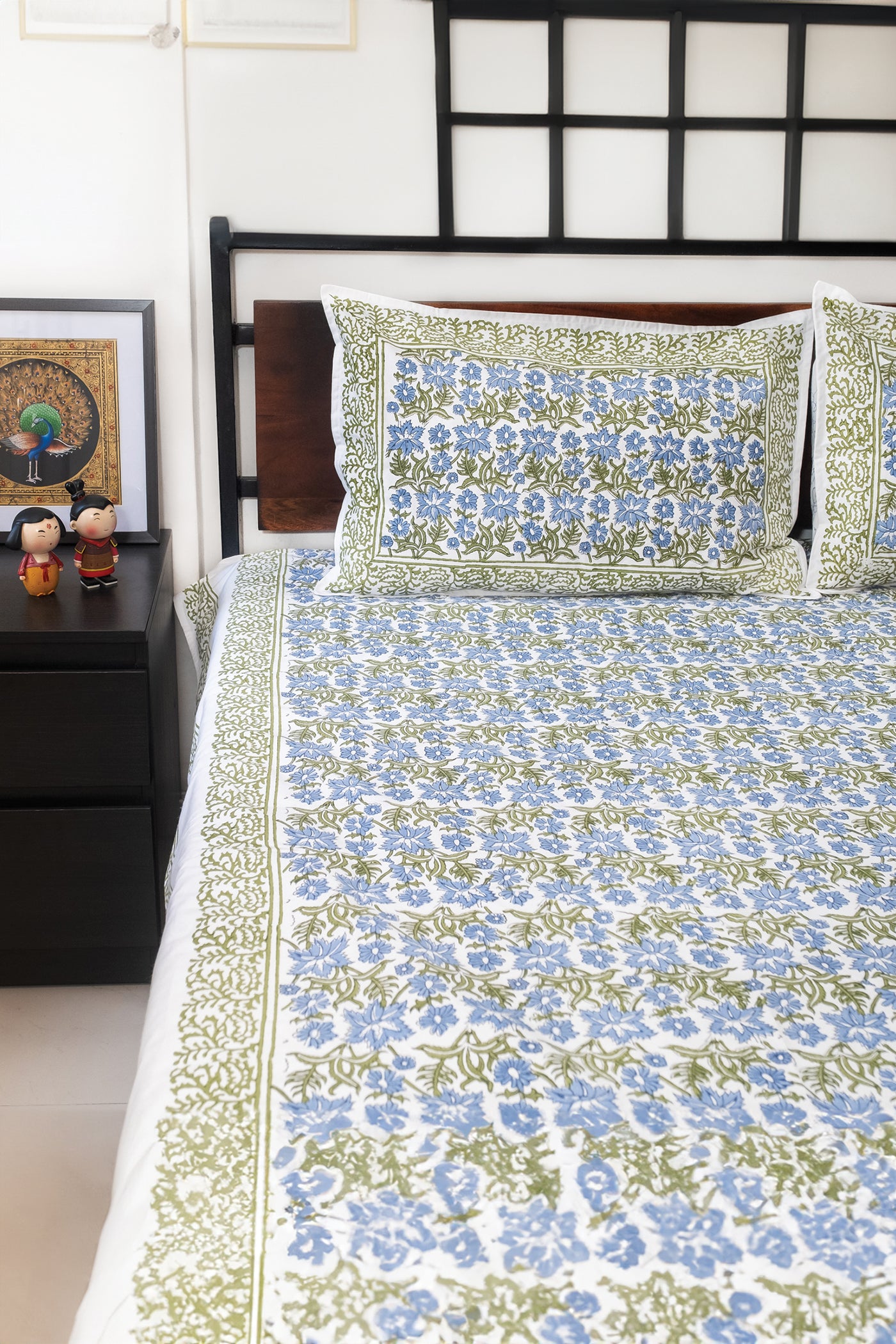 Blue and green hand block printed bedsheet