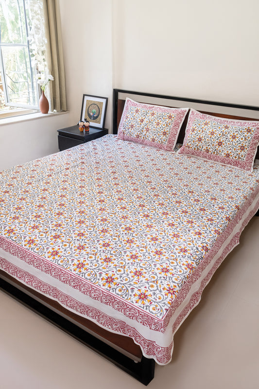 Yellow and Maroon hand block printed bedsheet