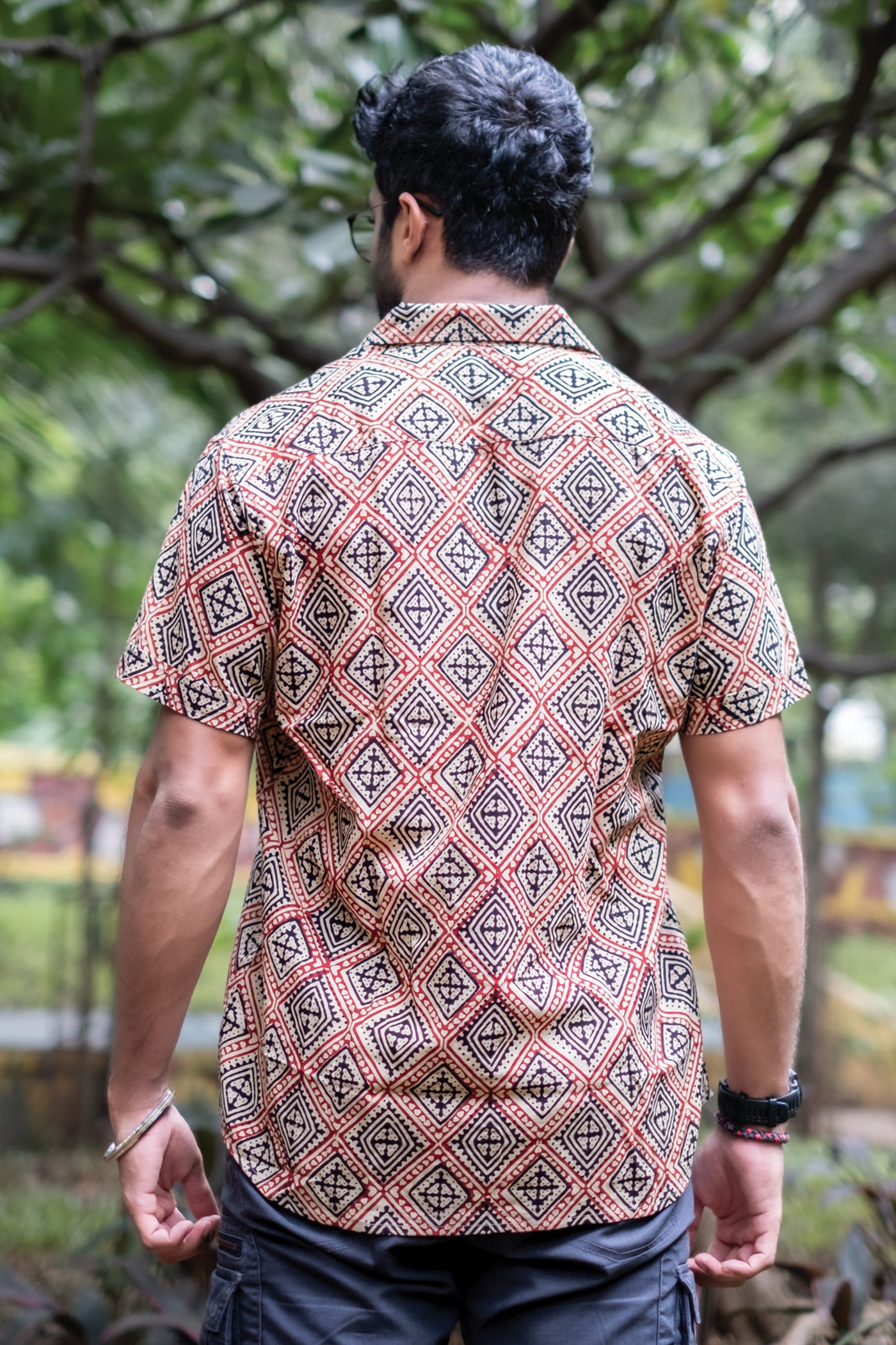 Red and Black Geometric Block Printed Shirt