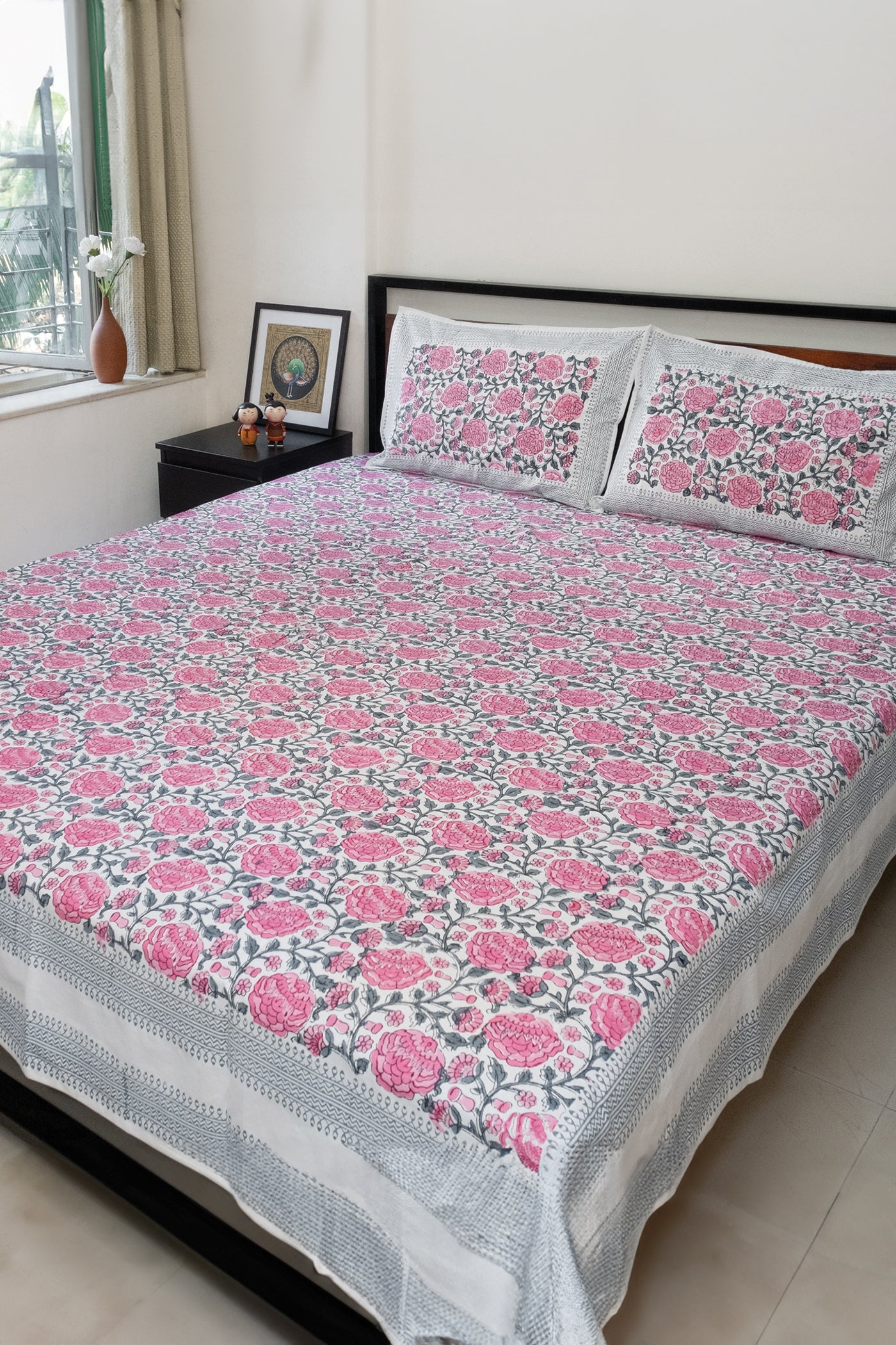 Pink and Grey hand block printed bedsheet