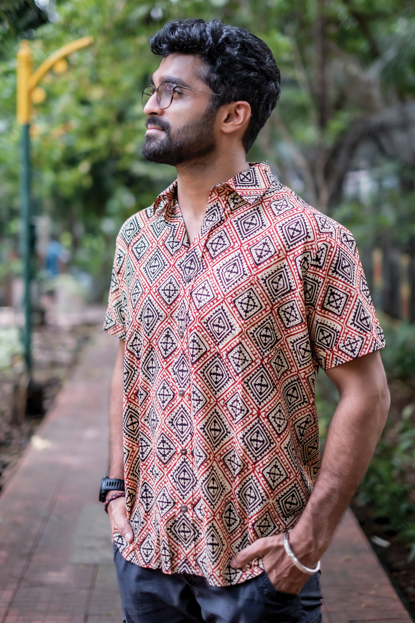 Red and Black Geometric Block Printed Shirt