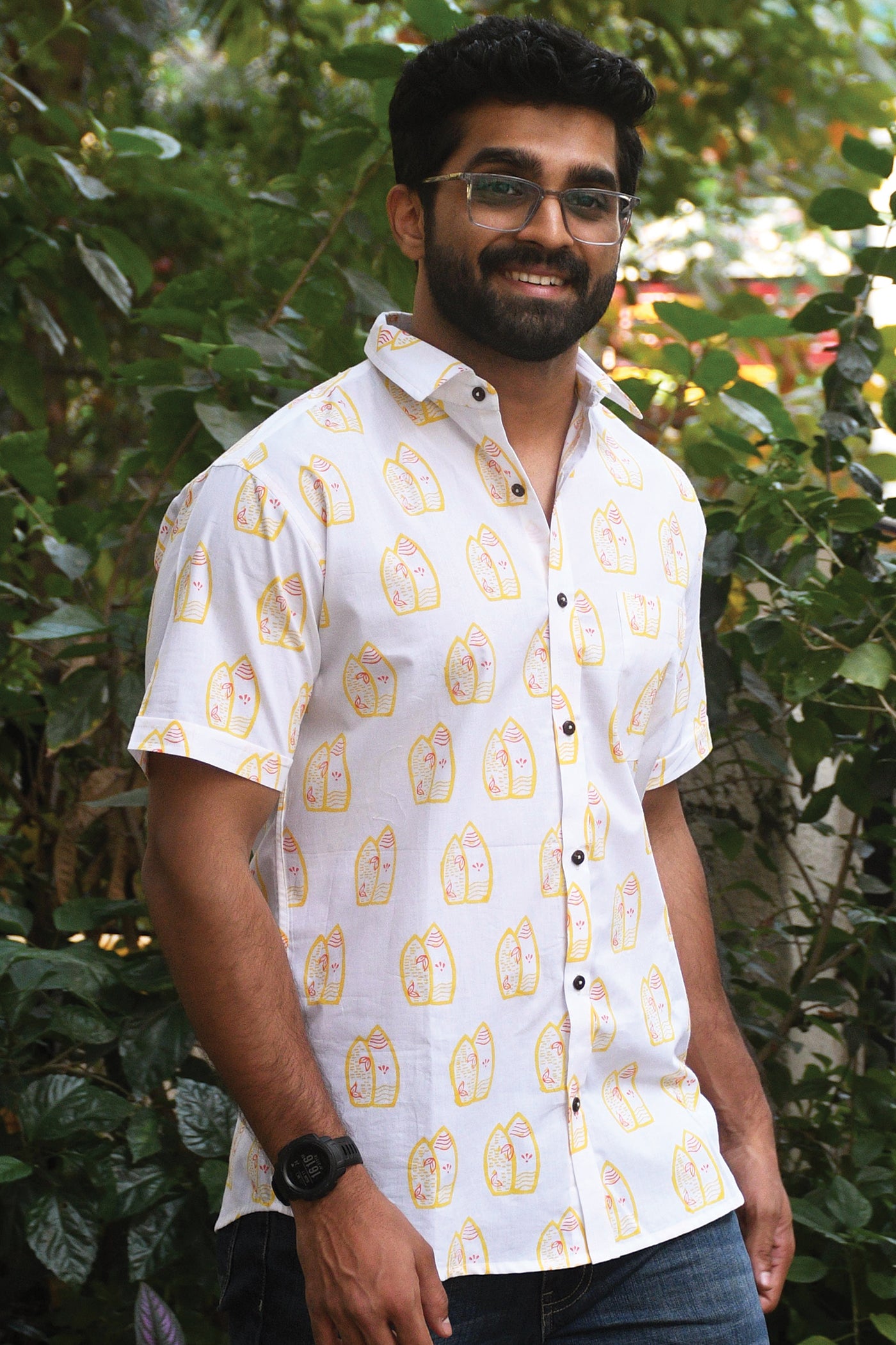 White Surfboard Block Printed Shirt