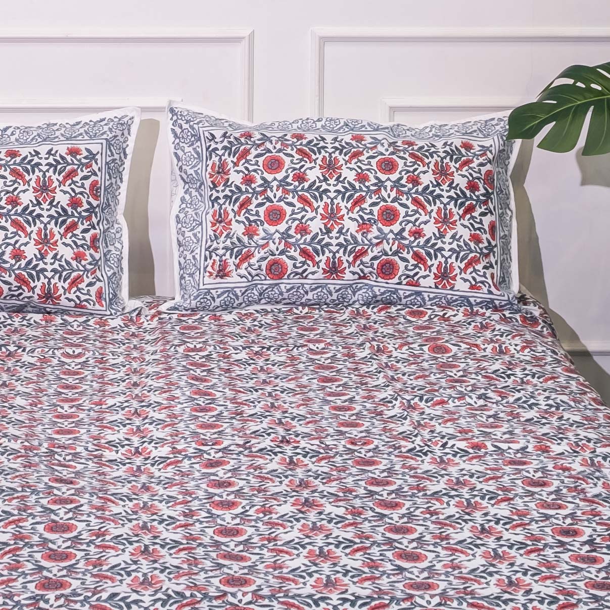 Red floral hand block printed bedsheet