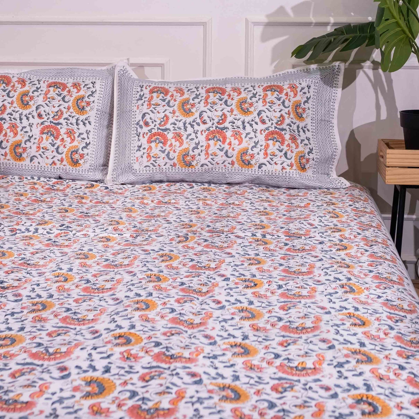 Peach and Grey Floral Block Printed Bedsheet