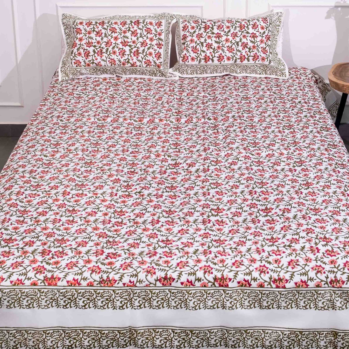 Peach and Red floral hand block printed bedsheet