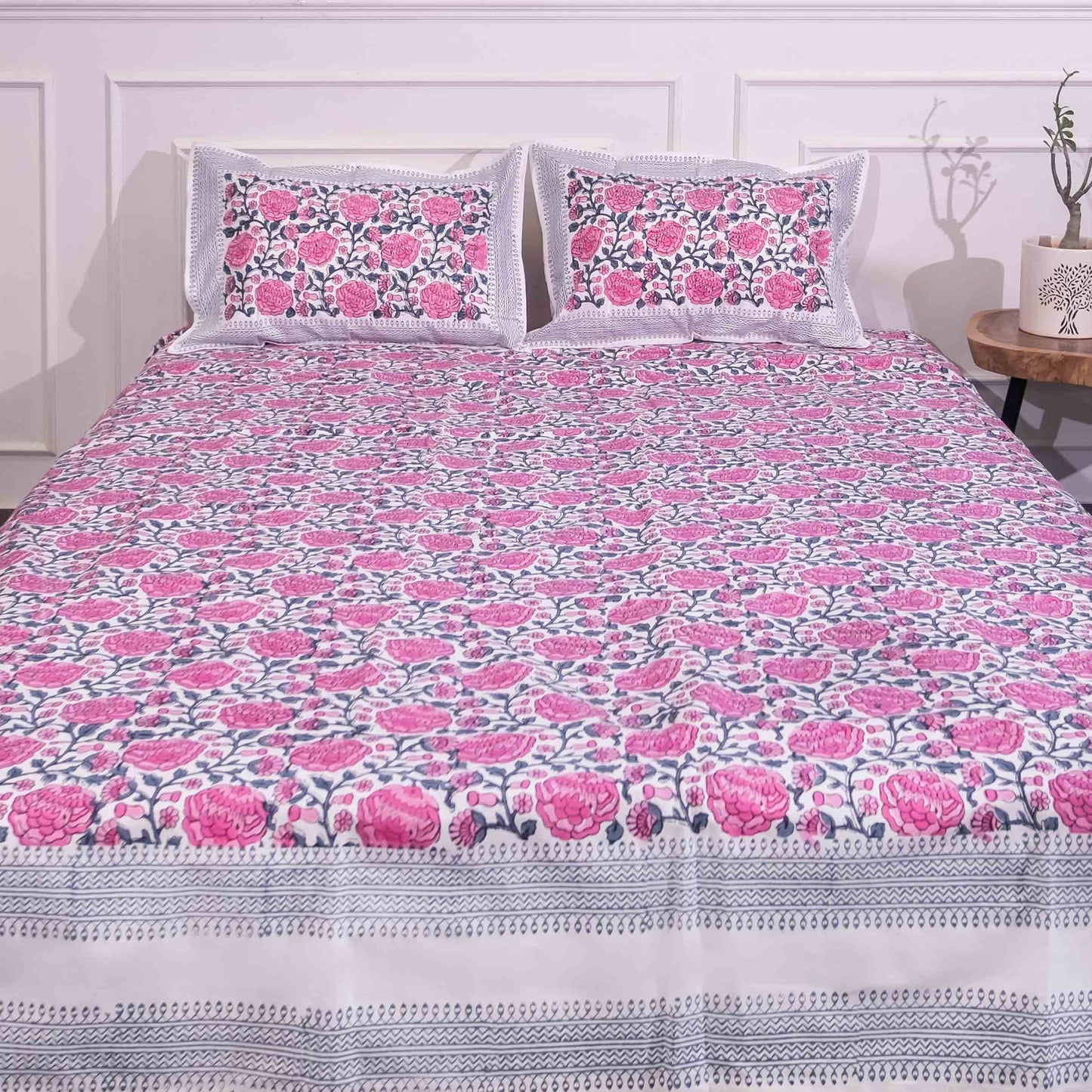 Pink and Grey hand block printed bedsheet