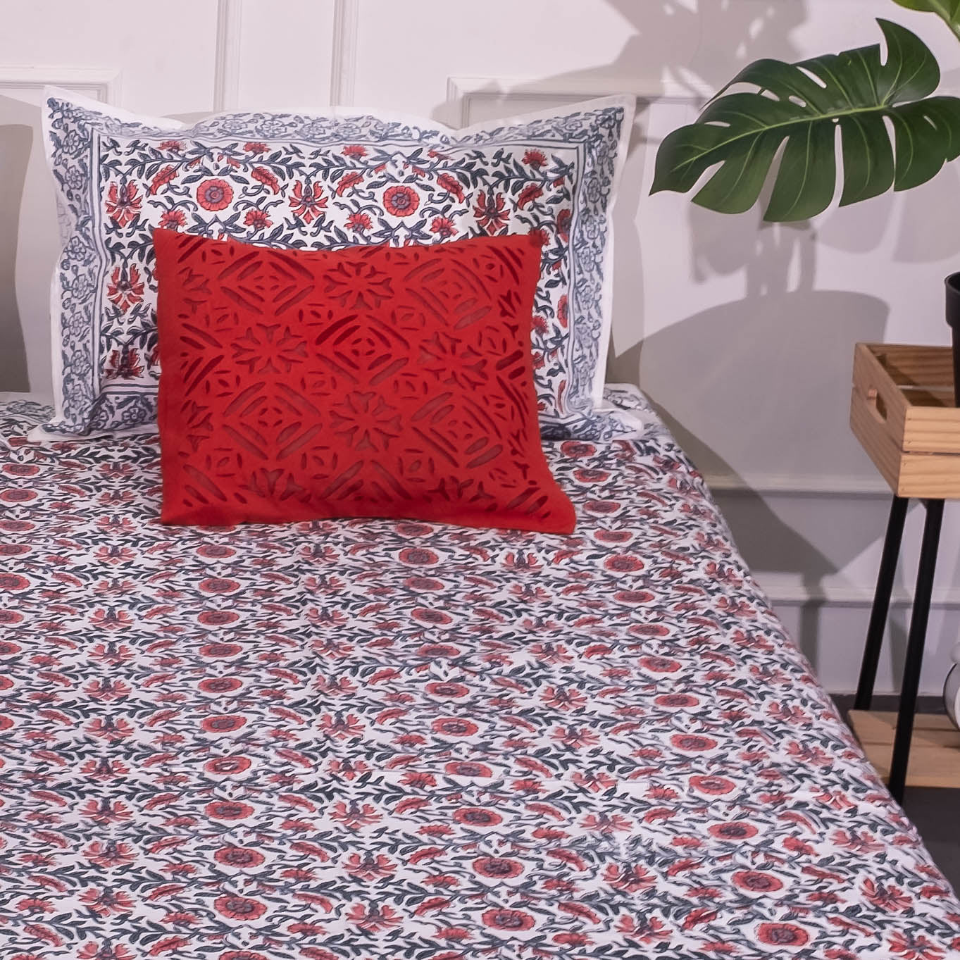 Red floral hand block printed bedsheet