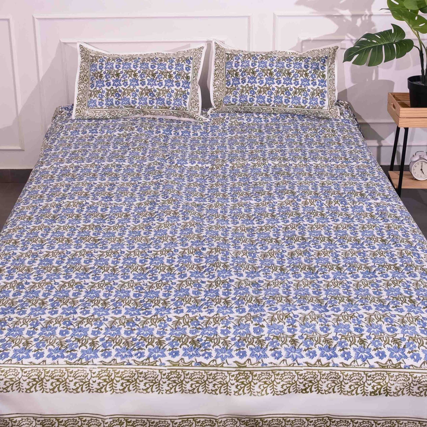 Blue and green hand block printed bedsheet