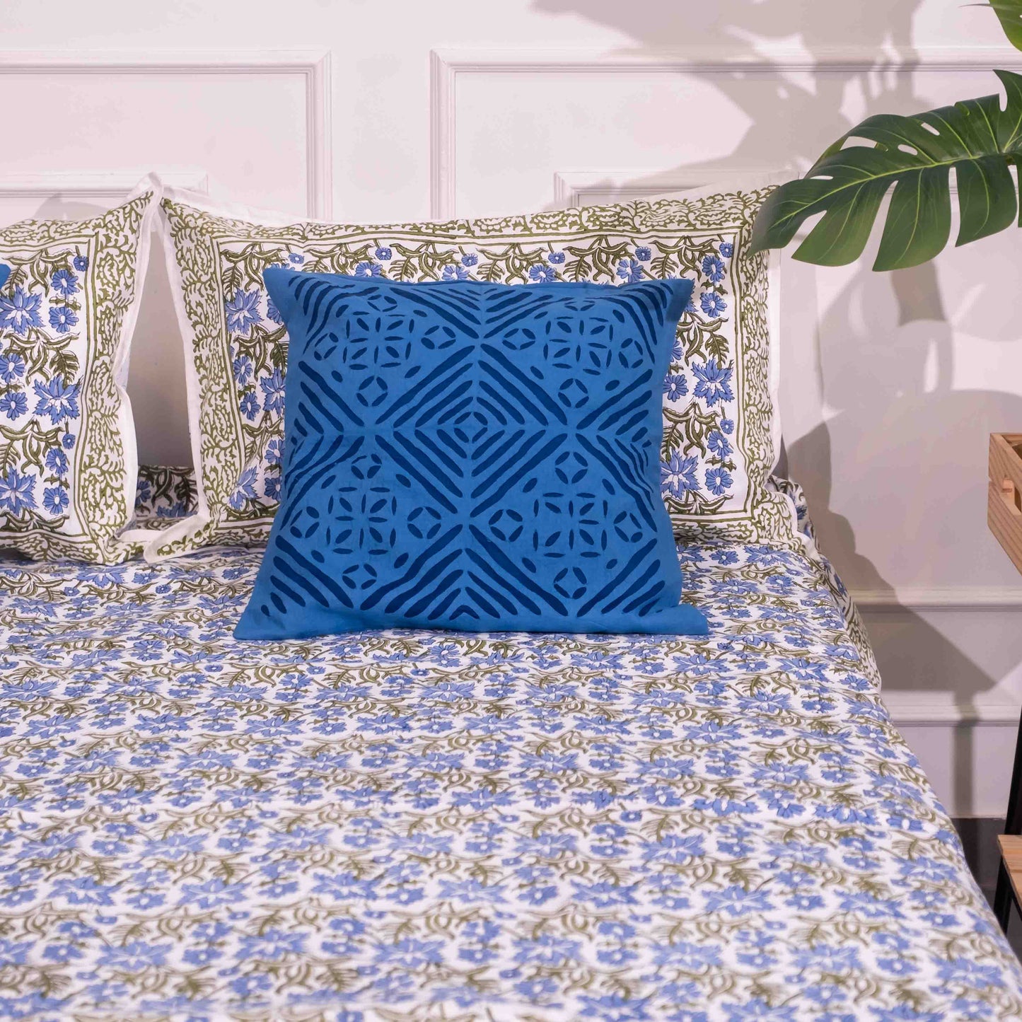 Blue and green hand block printed bedsheet