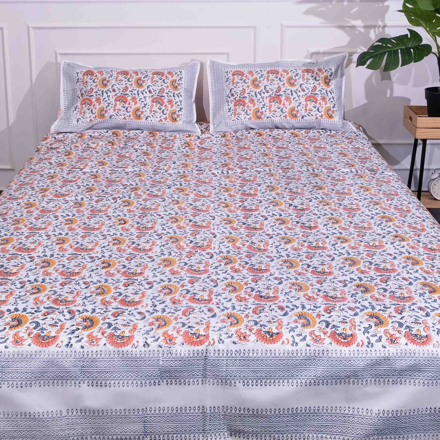 Peach and Grey Floral Block Printed Bedsheet