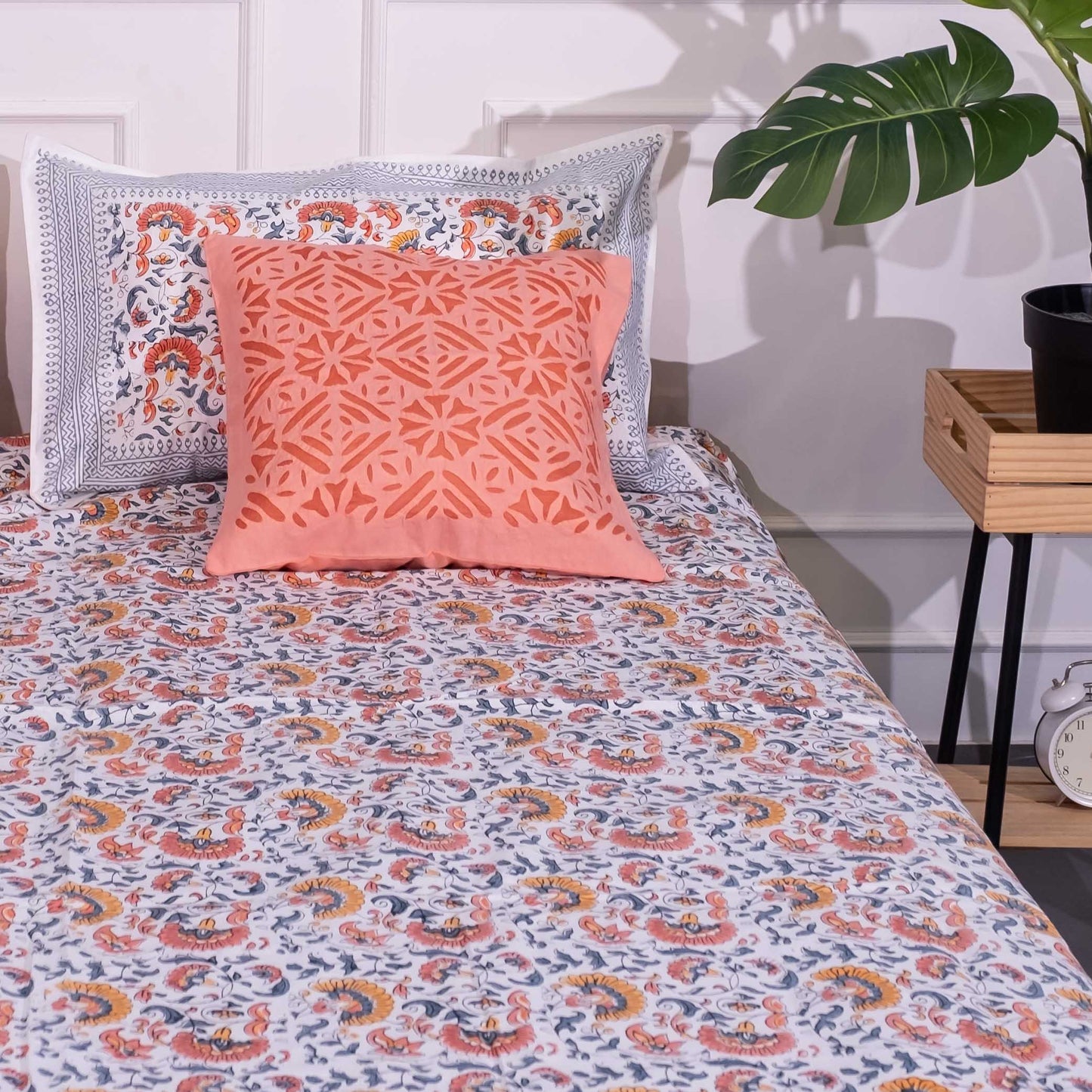 Peach and Grey Floral Block Printed Bedsheet