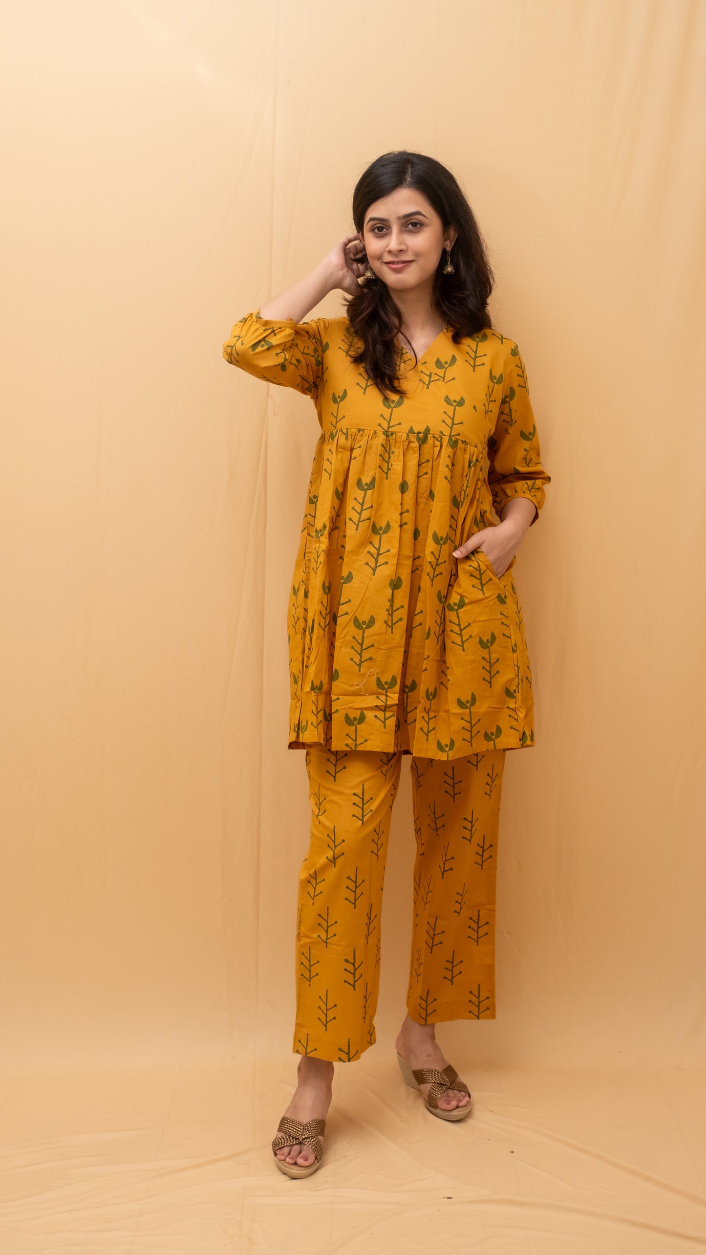 Ochre Green Geometric Block Printed Short Kurti