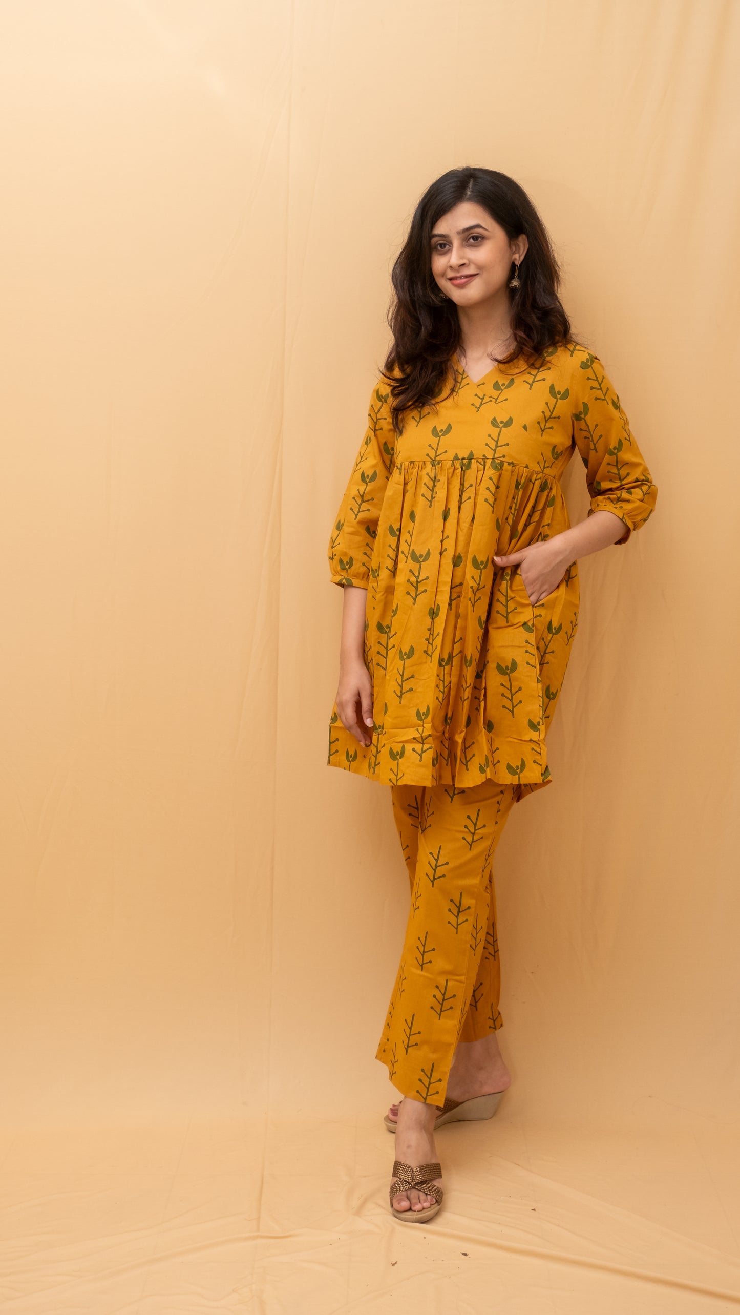 Ochre Green Geometric Block Printed Short Kurti