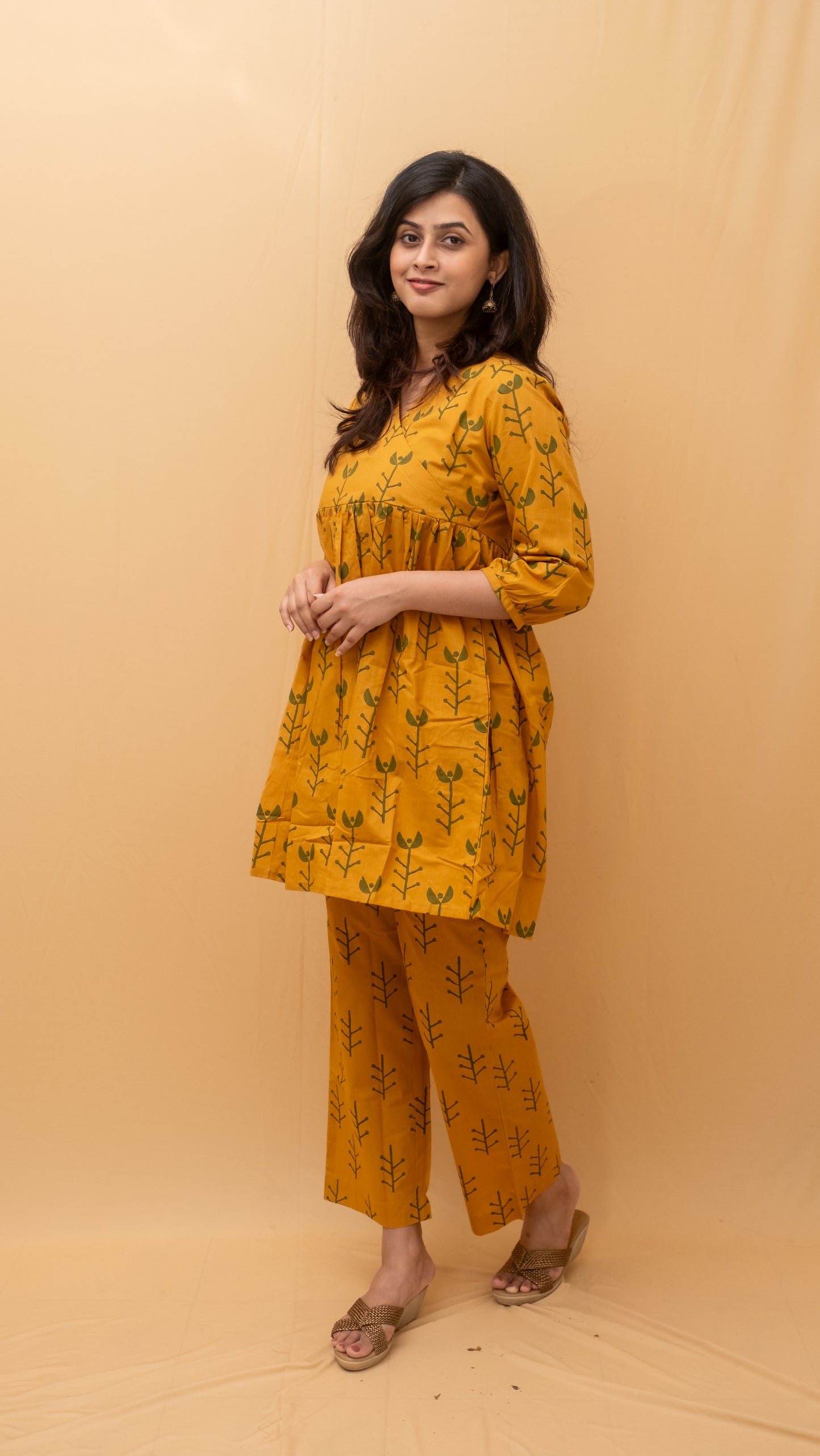 Ochre Green Geometric Block Printed Short Kurti