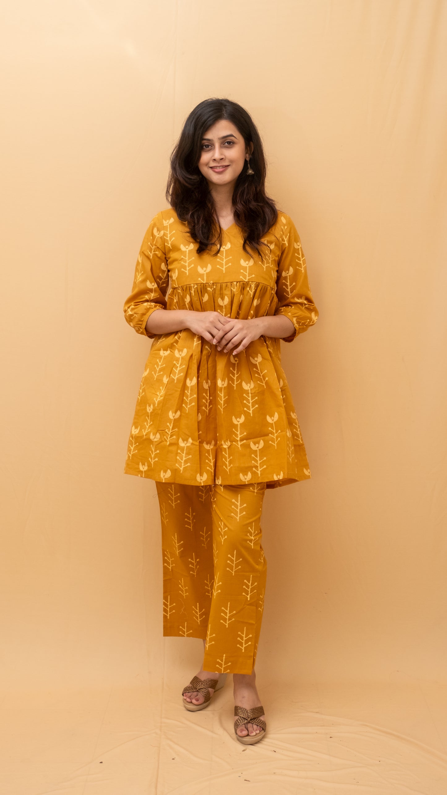 Ochre Geometric Block Printed Short Kurti