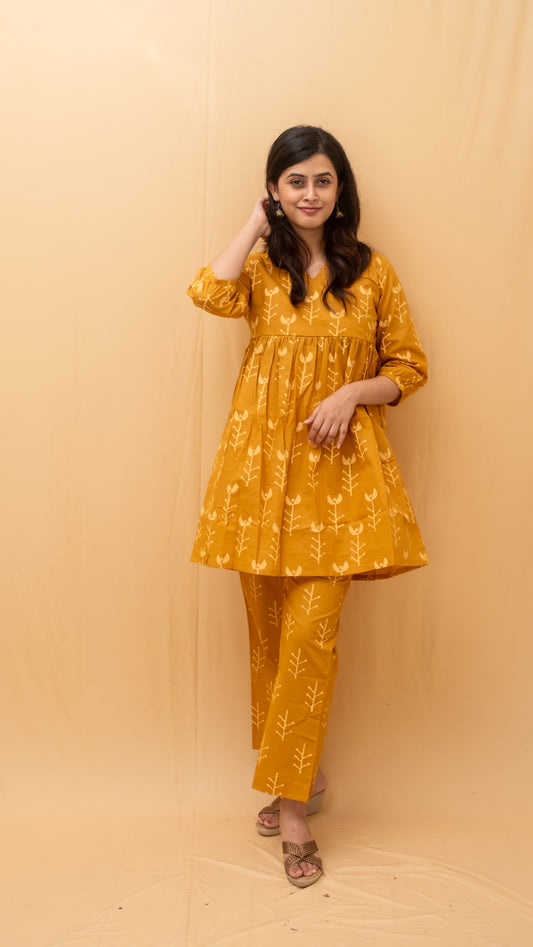 Ochre Geometric Block Printed Short Kurti