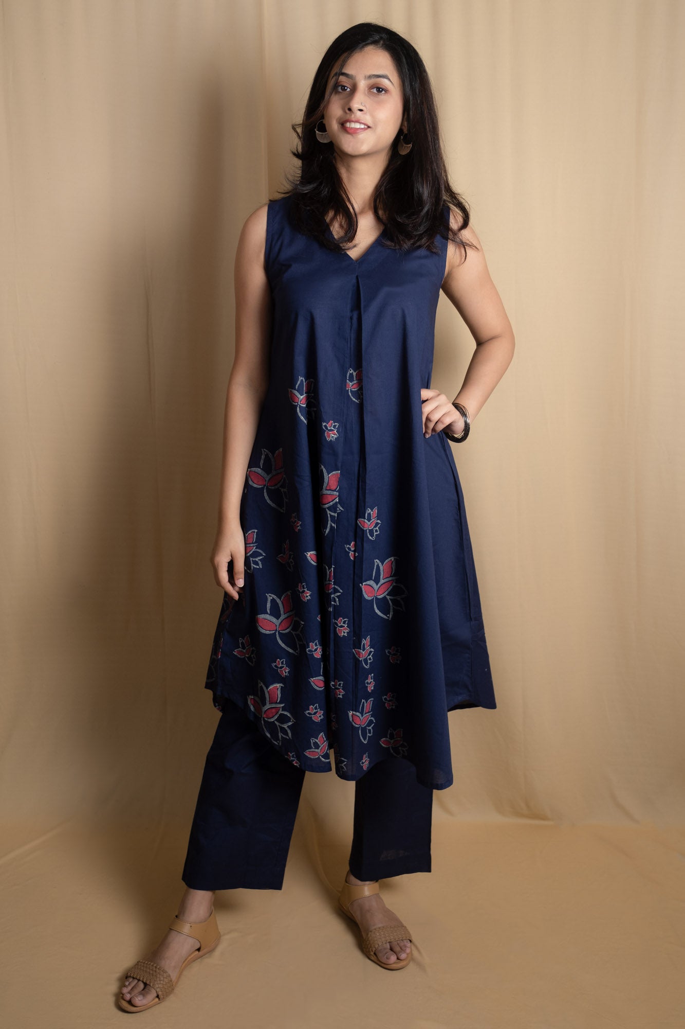 Blue Lotus Block Printed Long Kurti Set