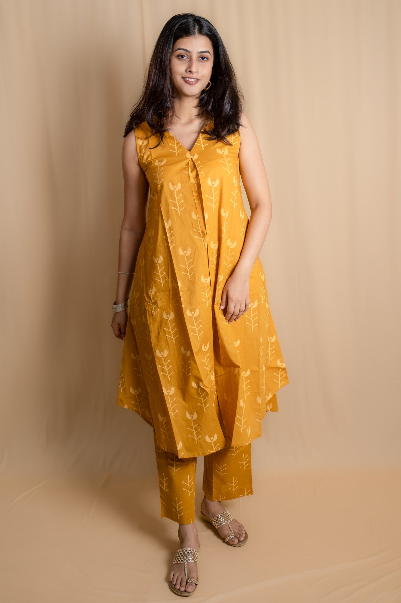 Ochre Geometric Block Printed Kurti Set