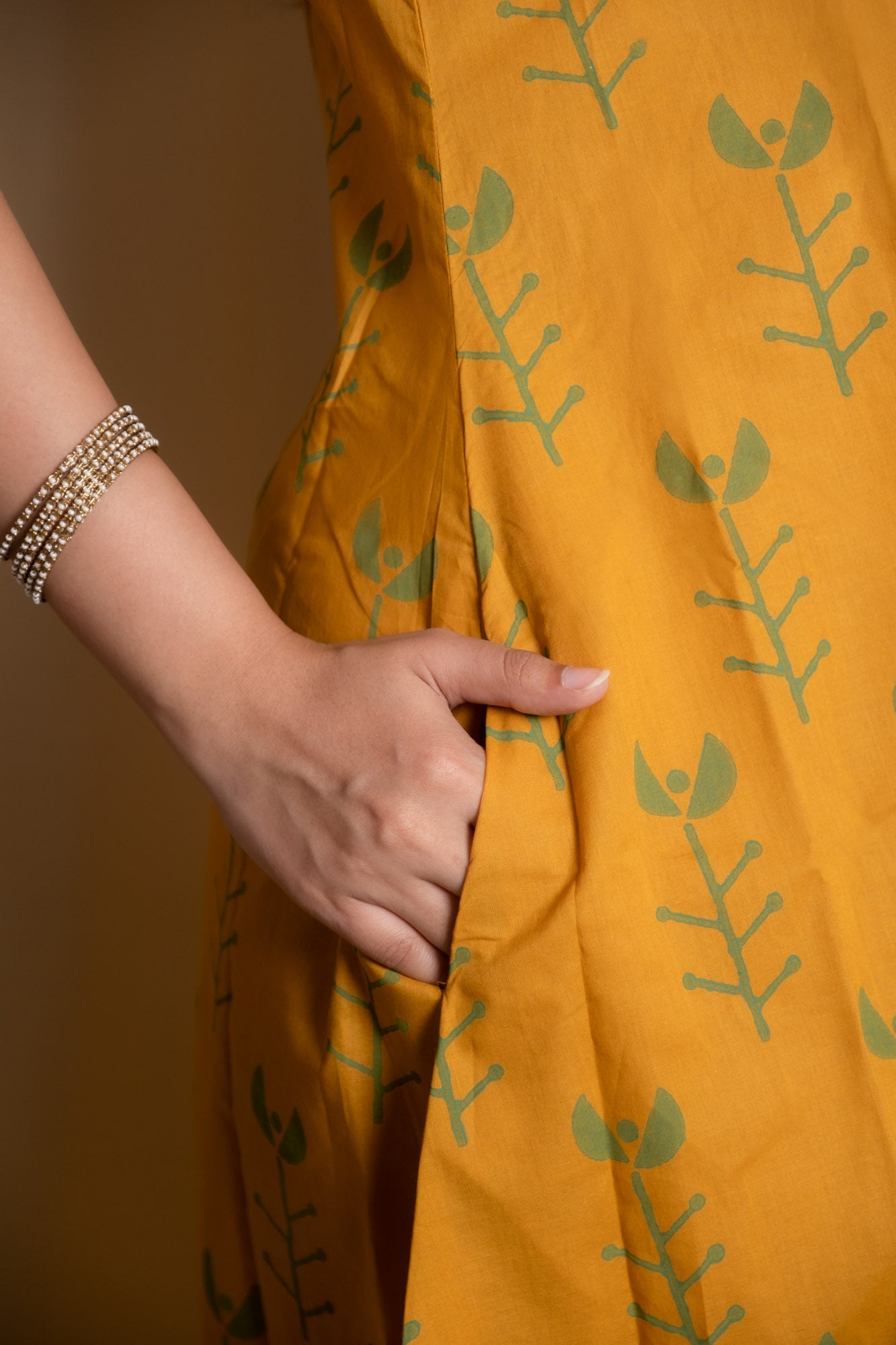 Ochre Green Geometric Block Printed Long Kurti Set