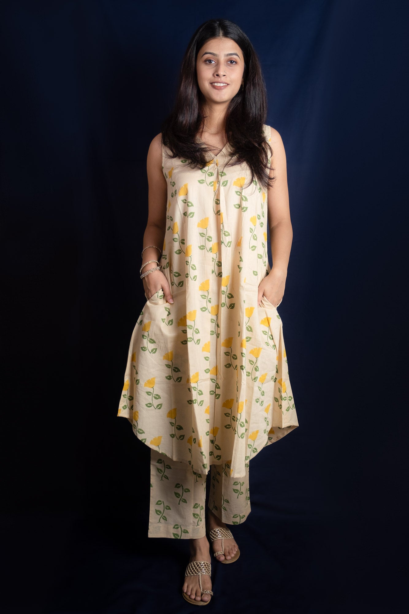 Beige Tulip Block Printed Long Kurti Set