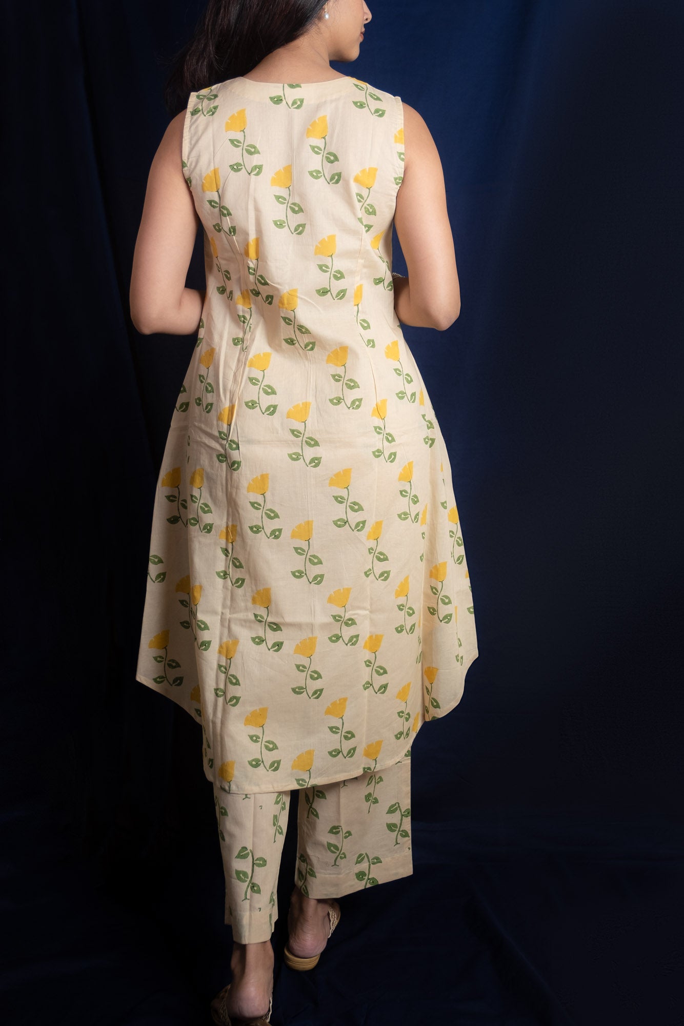 Beige Tulip Block Printed Long Kurti Set